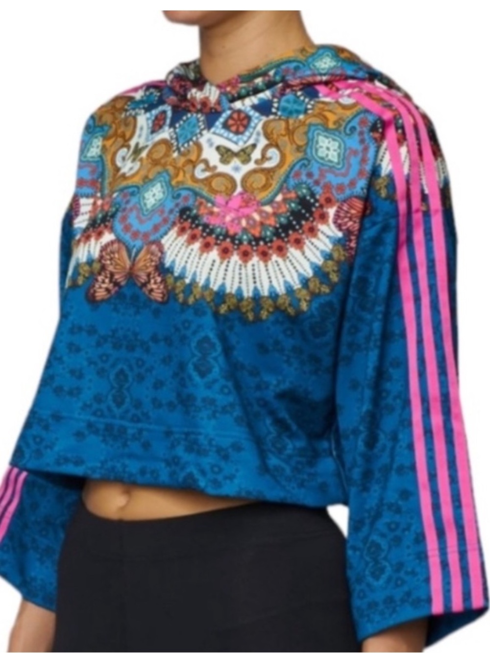 Adidas floral boxy oversized cropped pull over hoodie size Small